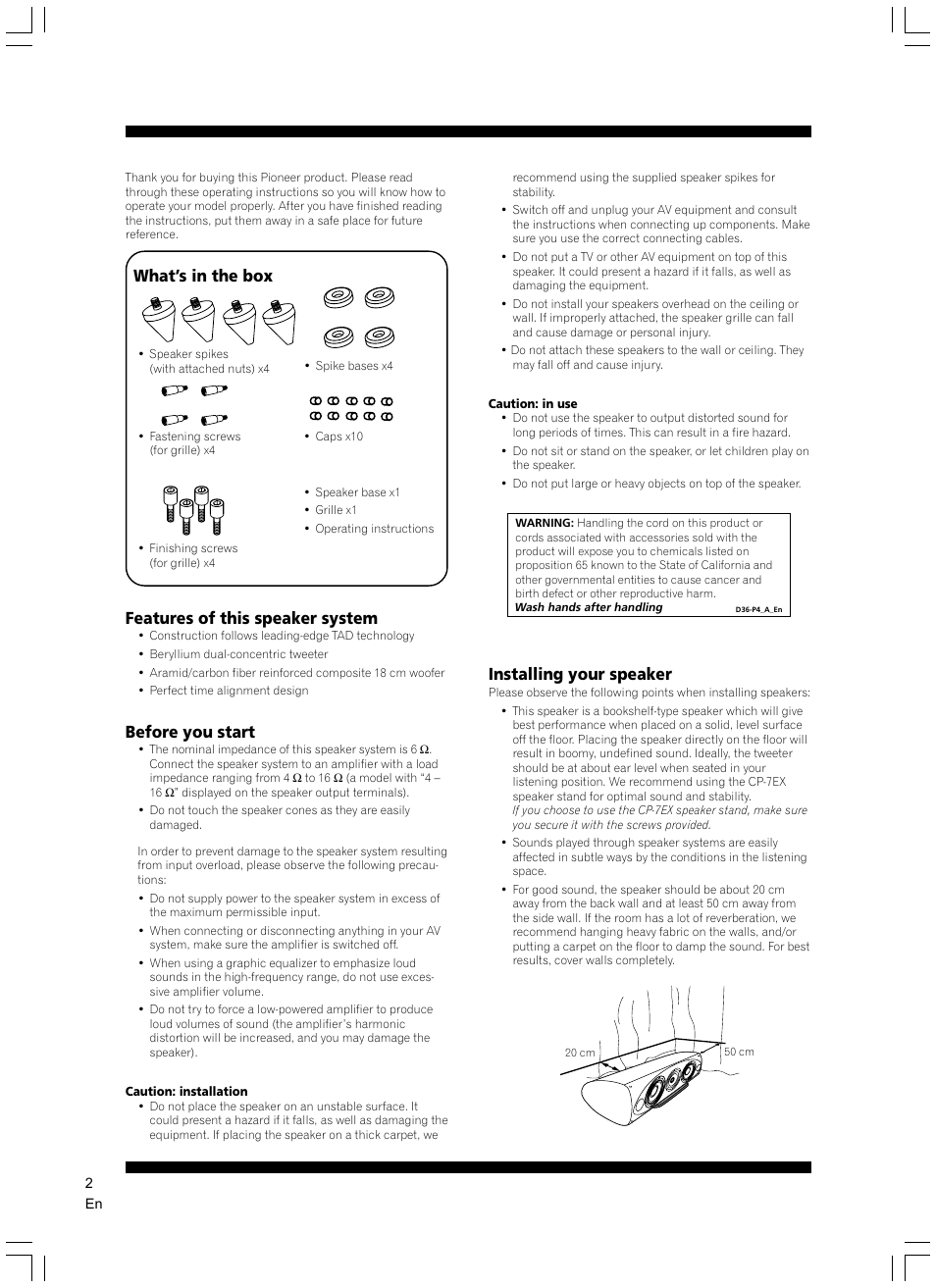What’s in the box, Features of this speaker system, Before you start | Installing your speaker | Pioneer S-7EX User Manual | Page 2 / 23