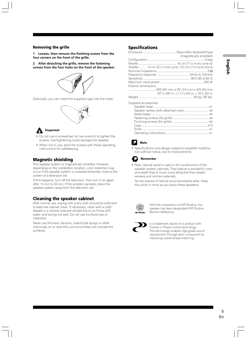 Magnetic shielding, Cleaning the speaker cabinet, Specifications | Pioneer S-7EX User Manual | Page 5 / 23