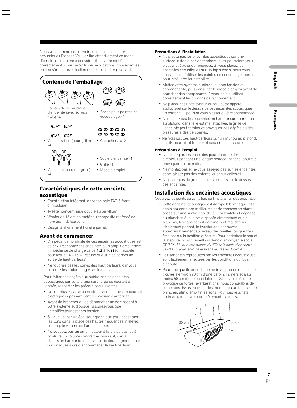 Installation des enceintes acoustiques, Caractéristiques de cette enceinte acoustique, Avant de commencer | Contenu de l’emballage | Pioneer S-7EX User Manual | Page 7 / 23