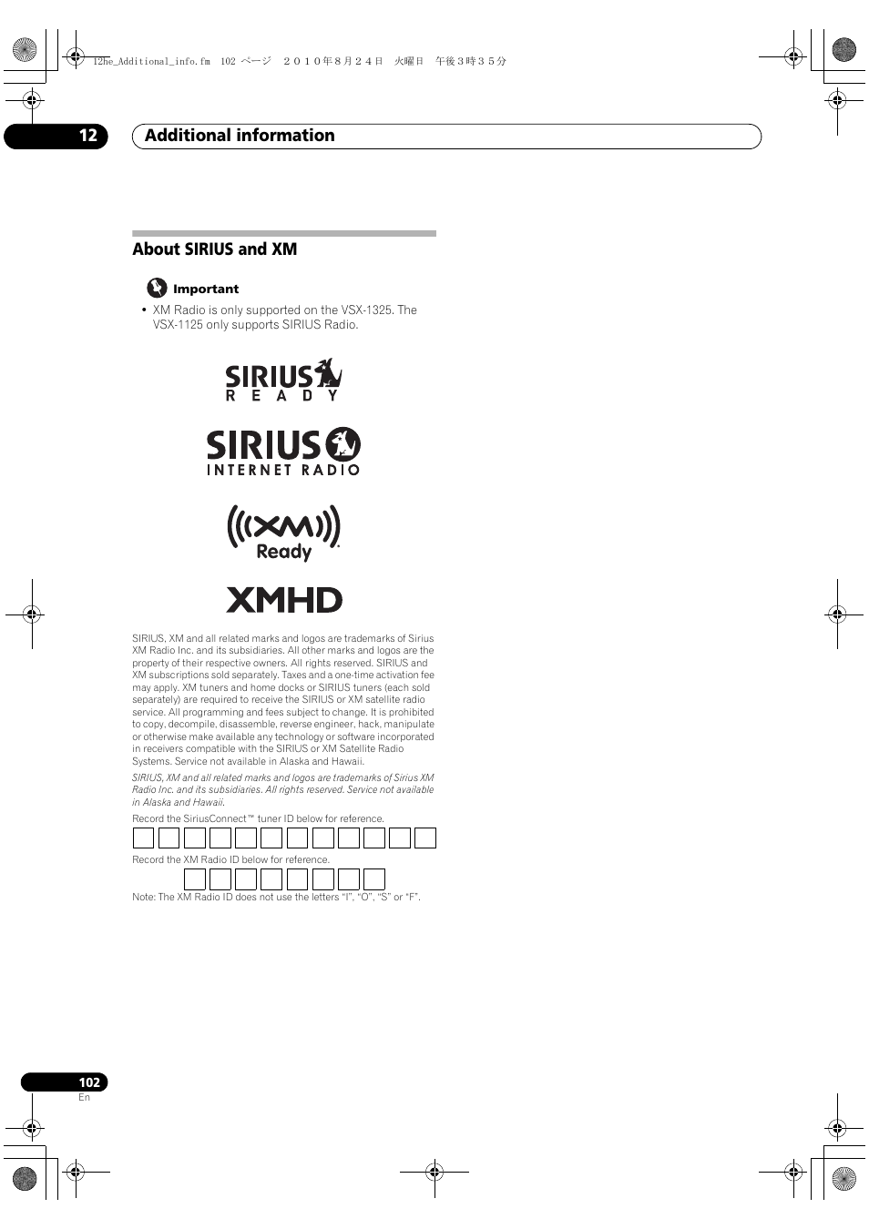 About sirius and xm, Additional information 12 | Pioneer VSX-1325-K User Manual | Page 102 / 112