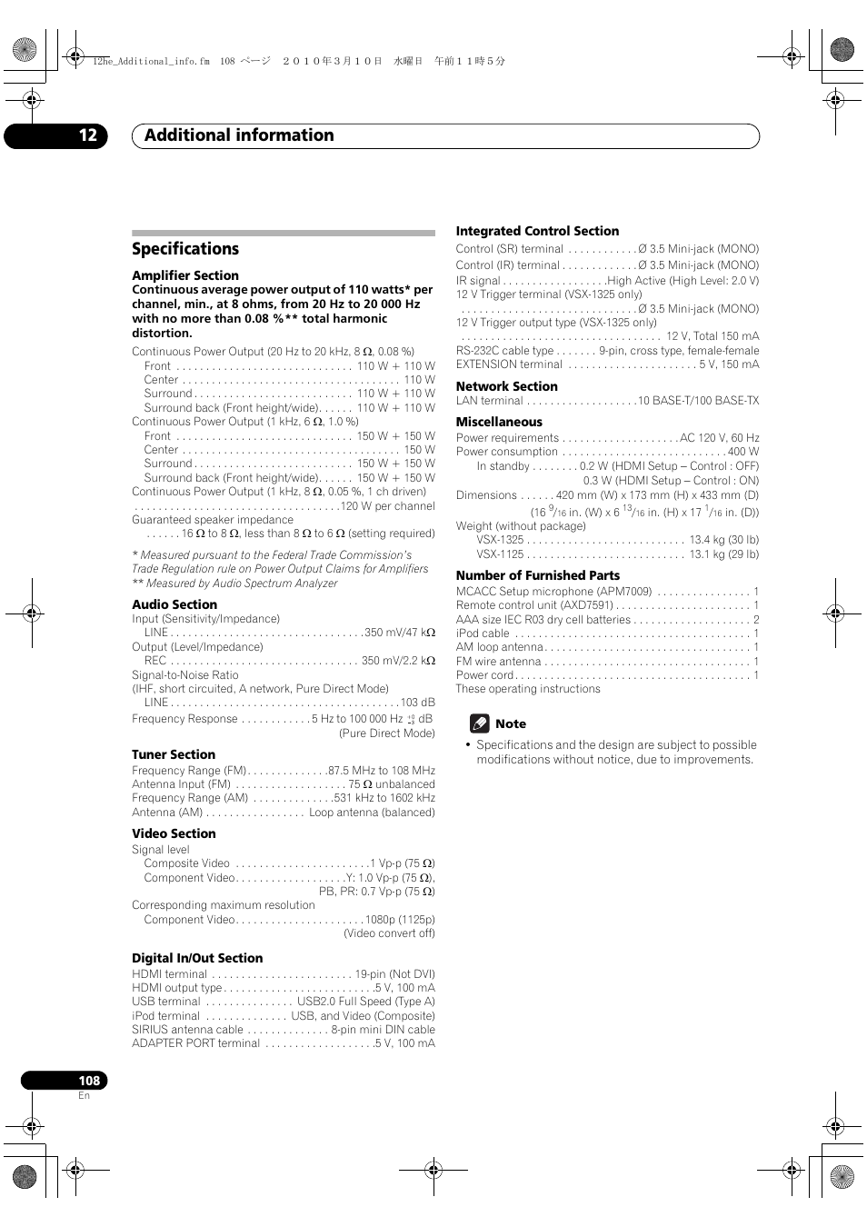 Specifications, Additional information 12 | Pioneer VSX-1325-K User Manual | Page 108 / 112