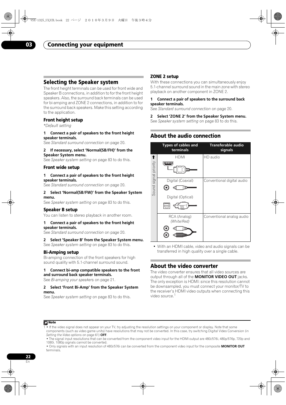 Selecting the speaker system, Front height setup, Front wide setup | Speaker b setup, Bi-amping setup, Zone 2 setup, About the audio connection, About the video converter, Connecting your equipment 03 | Pioneer VSX-1325-K User Manual | Page 22 / 112