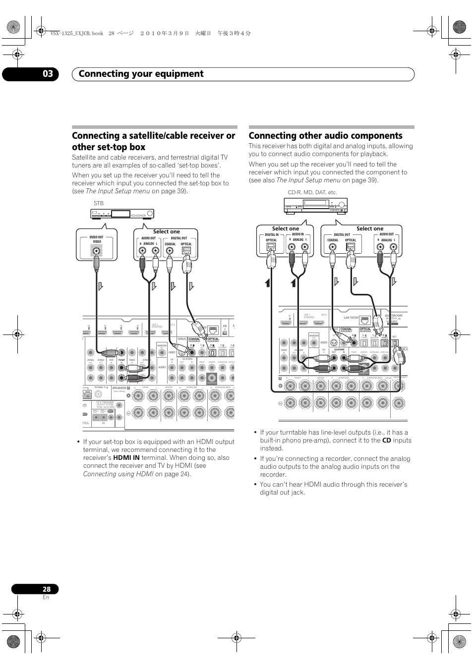 Connecting other audio components, Connecting your equipment 03, Stb select one | Pioneer VSX-1325-K User Manual | Page 28 / 112