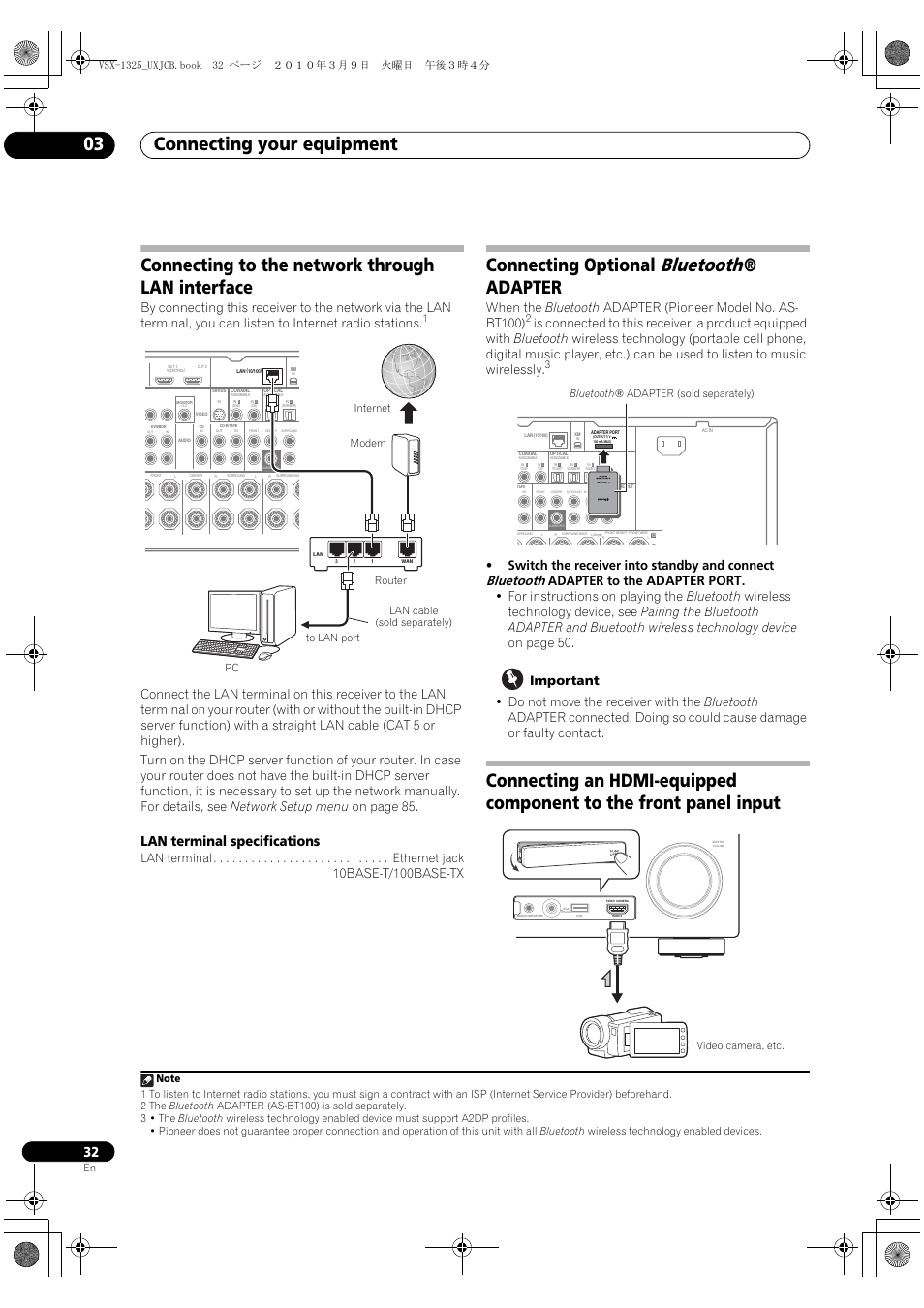Connecting to the network through lan interface, Connecting optional bluetooth® adapter, Bluetooth | Connecting your equipment 03, Connecting optional, Adapter, Lan terminal specifications, Switch the receiver into standby and connect, Bluetooth ® adapter (sold separately) | Pioneer VSX-1325-K User Manual | Page 32 / 112