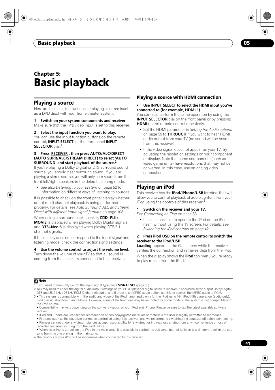 Basic playback, Playing a source, Playing a source with hdmi connection | Playing an ipod, 05 basic playback, Basic playback 05, Chapter 5 | Pioneer VSX-1325-K User Manual | Page 41 / 112