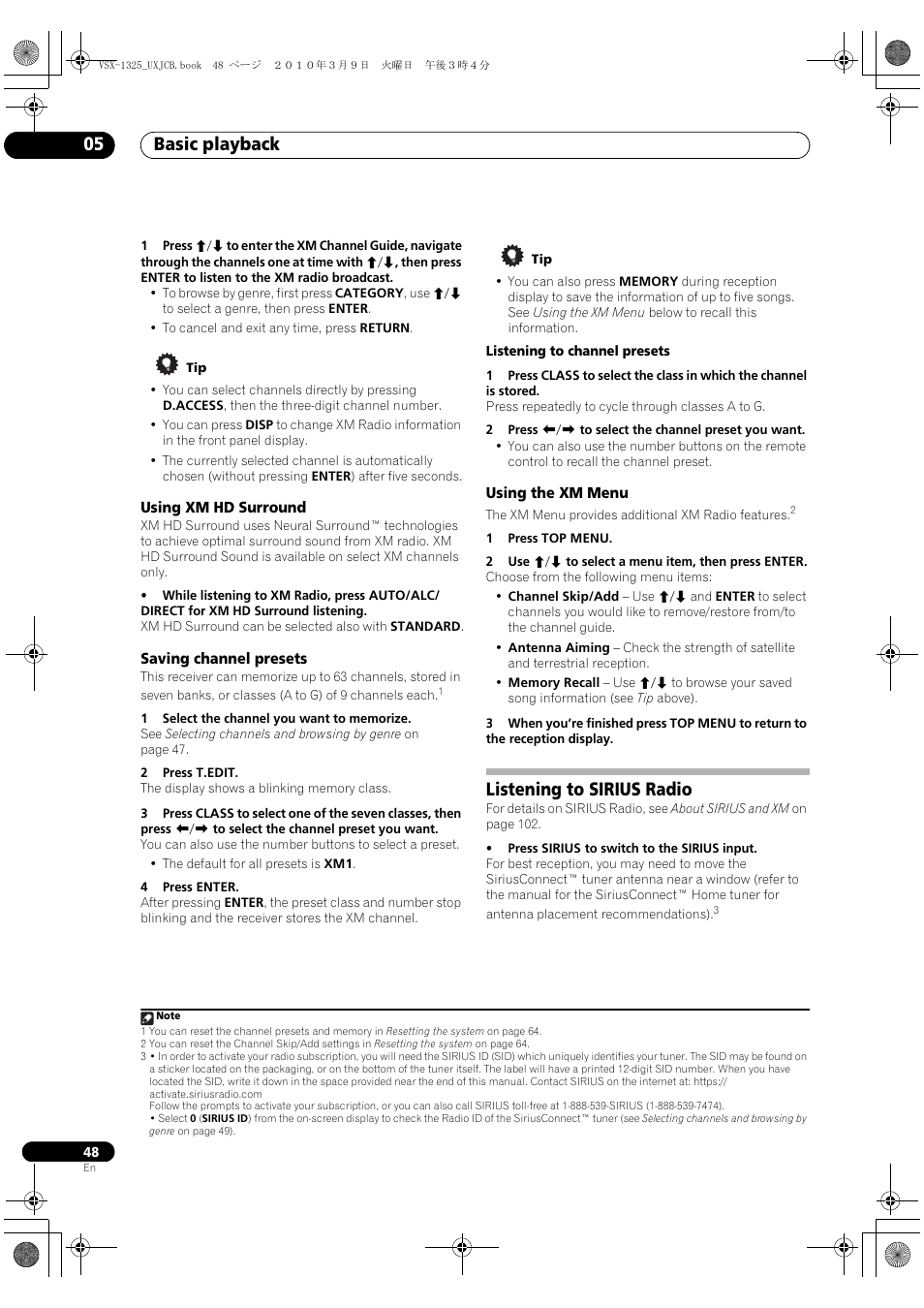 Using xm hd surround, Saving channel presets, Using the xm menu | Listening to sirius radio, Basic playback 05 | Pioneer VSX-1325-K User Manual | Page 48 / 112