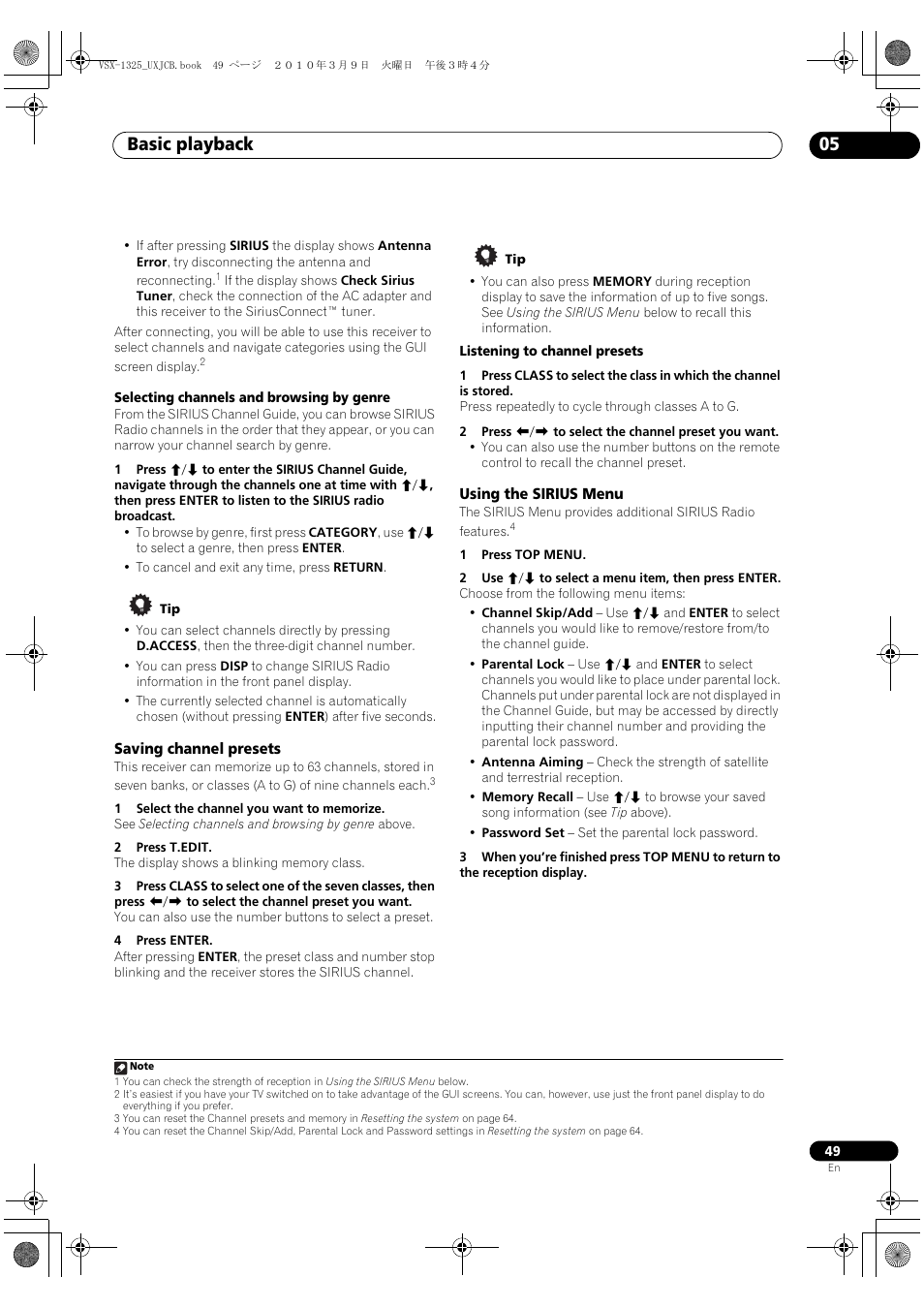 Saving channel presets, Using the sirius menu, Saving channel presets using the sirius menu | Basic playback 05 | Pioneer VSX-1325-K User Manual | Page 49 / 112