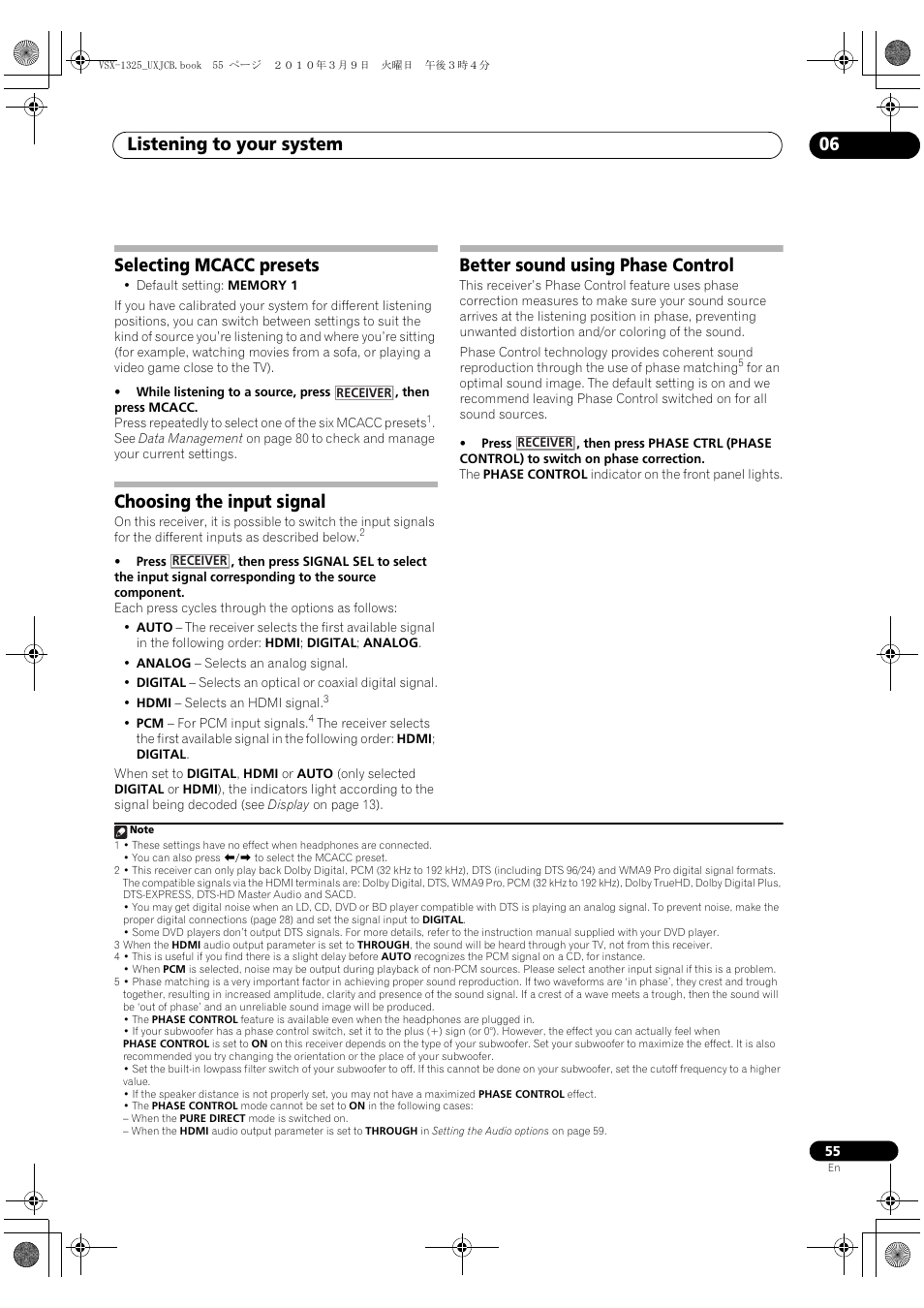 Selecting mcacc presets, Choosing the input signal, Better sound using phase control | Listening to your system 06 | Pioneer VSX-1325-K User Manual | Page 55 / 112