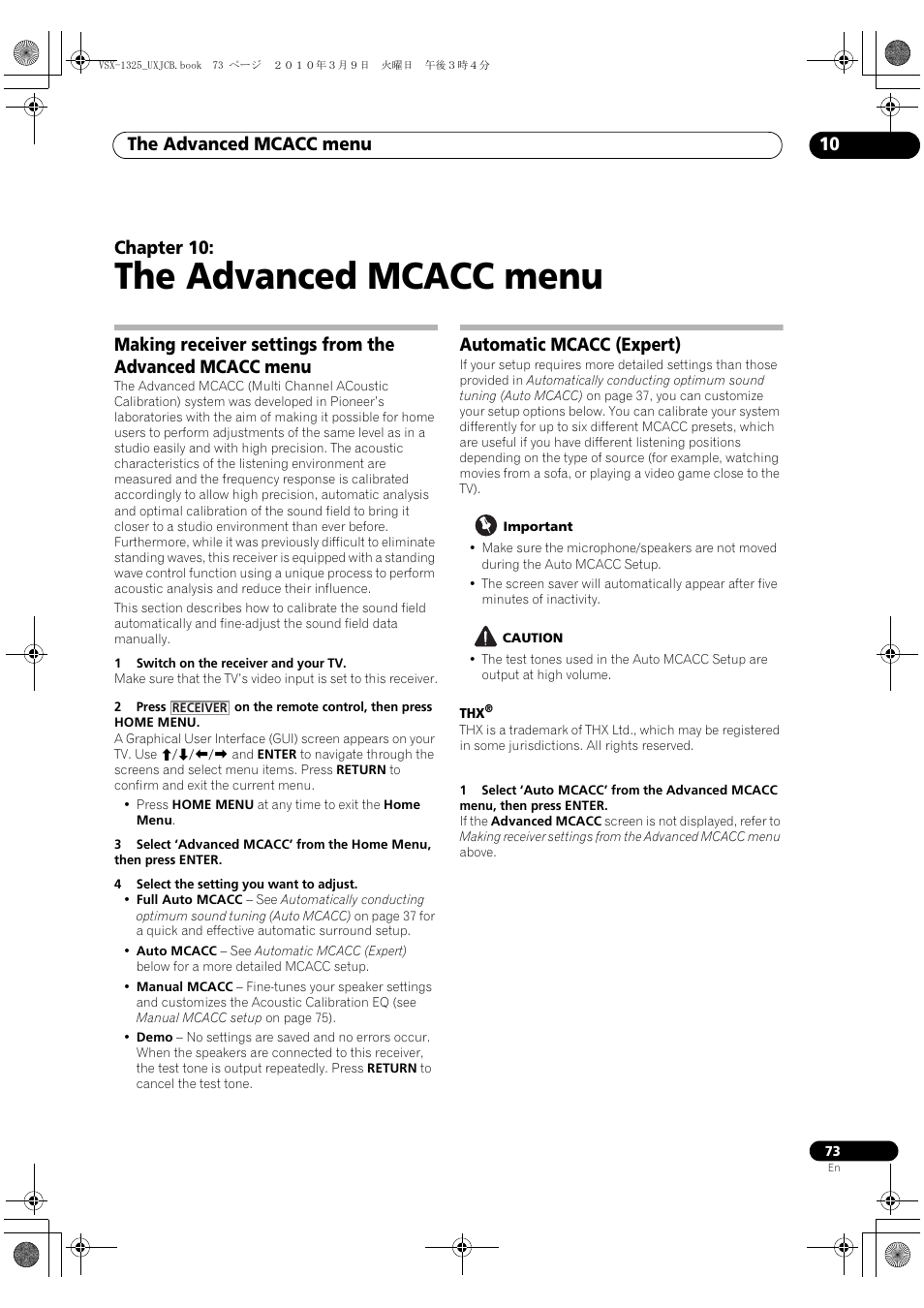 The advanced mcacc menu, Automatic mcacc (expert), 10 the advanced mcacc menu | The advanced mcacc menu 10, Chapter 10 | Pioneer VSX-1325-K User Manual | Page 73 / 112