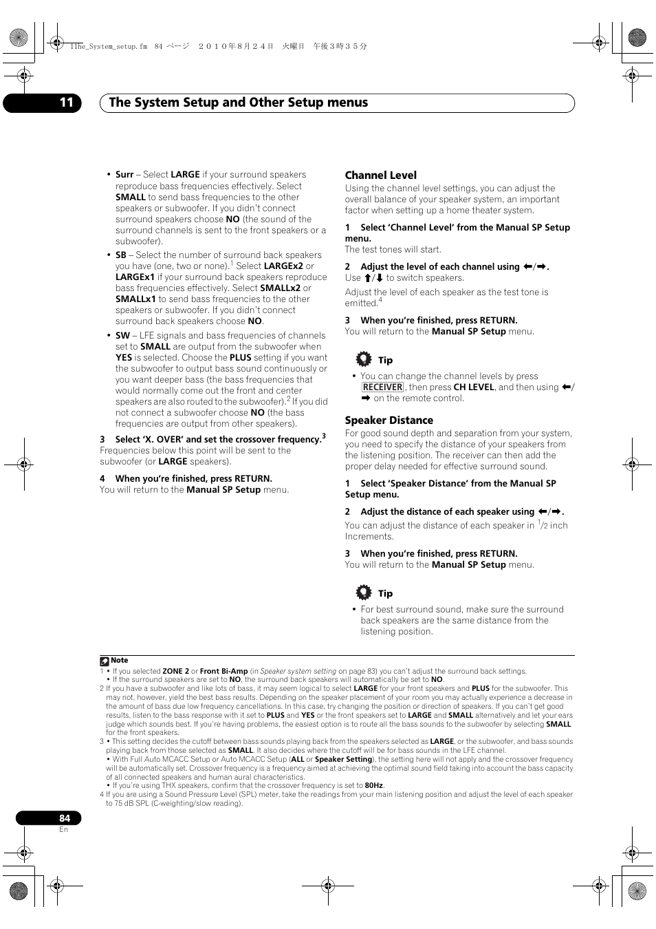 Channel level, Speaker distance, Channel level speaker distance | The system setup and other setup menus 11 | Pioneer VSX-1325-K User Manual | Page 84 / 112