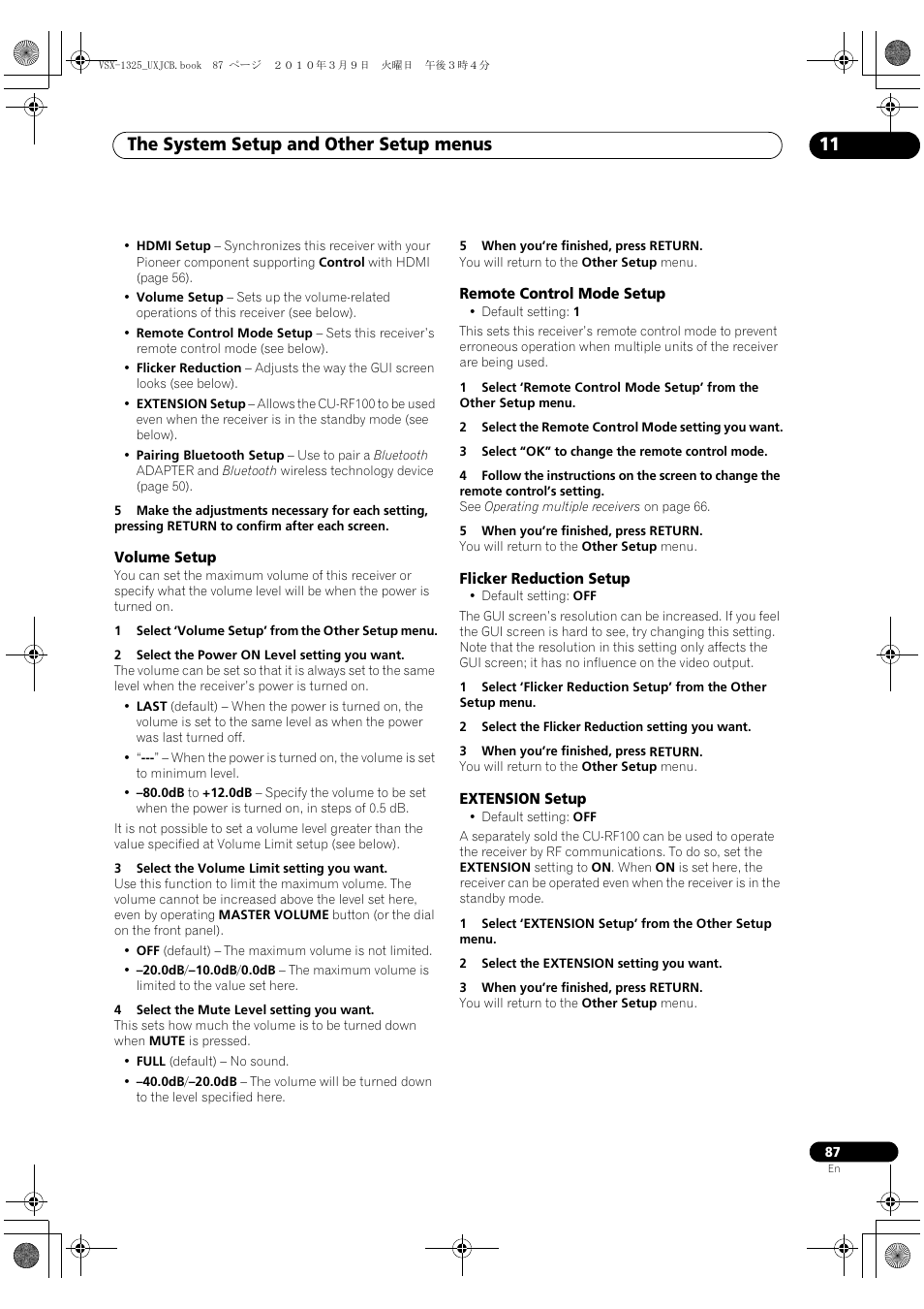 Volume setup, Remote control mode setup, Flicker reduction setup | Extension setup, The system setup and other setup menus 11 | Pioneer VSX-1325-K User Manual | Page 87 / 112