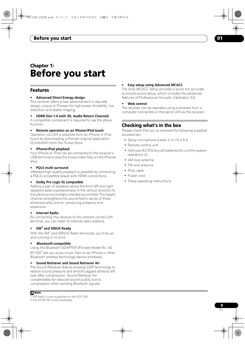 Before you start, Features, Checking what’s in the box | 01 before you start, Features checking what’s in the box, Before you start 01, Chapter 1 | Pioneer VSX-1325-K User Manual | Page 9 / 112