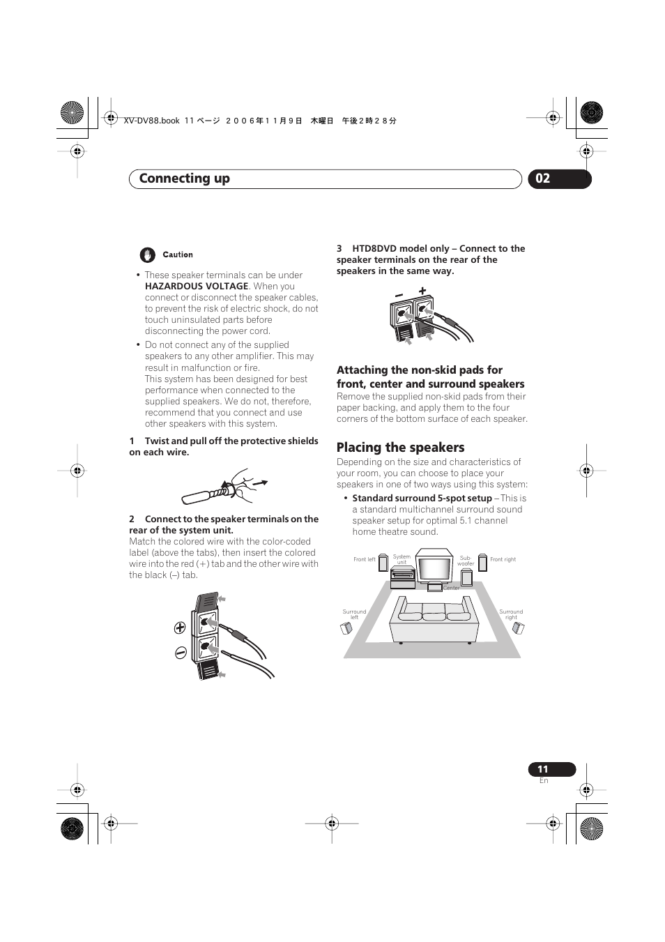 Placing the speakers, Connecting up 02 | Pioneer HTD8DVD User Manual | Page 11 / 84