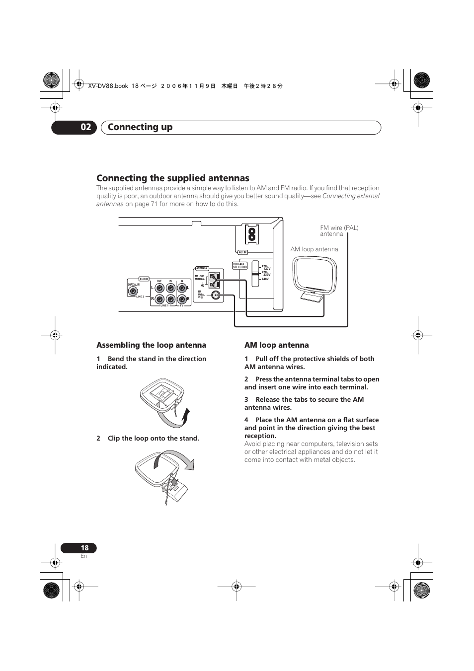 Connecting the supplied antennas, Assembling the loop antenna, Am loop antenna | Connecting up 02 | Pioneer HTD8DVD User Manual | Page 18 / 84