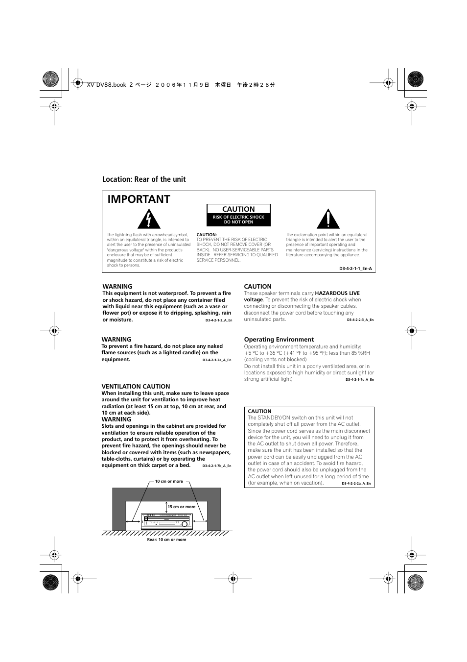 Important, Location: rear of the unit | Pioneer HTD8DVD User Manual | Page 2 / 84