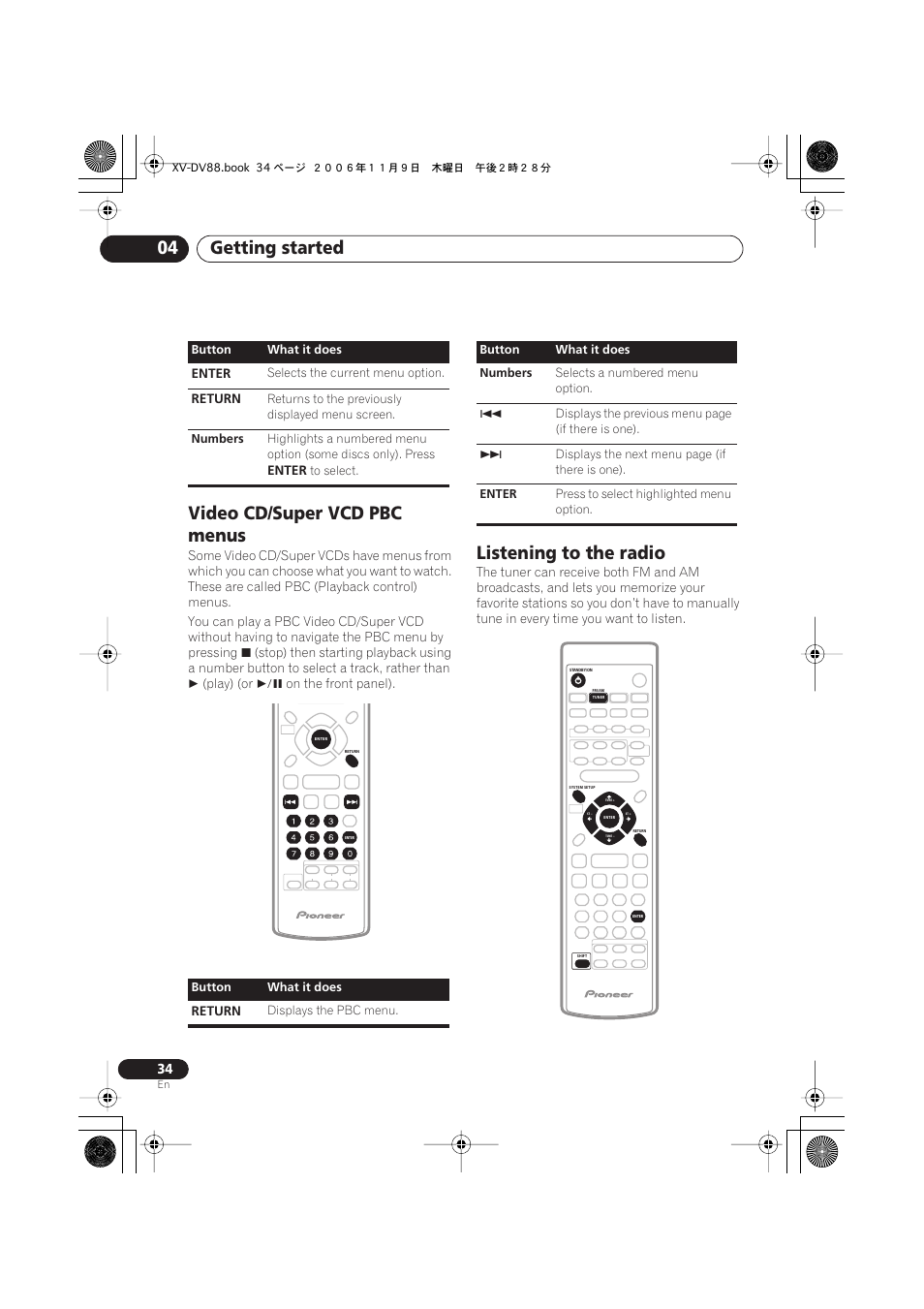 Video cd/super vcd pbc menus, Listening to the radio, Getting started 04 | Pioneer HTD8DVD User Manual | Page 34 / 84