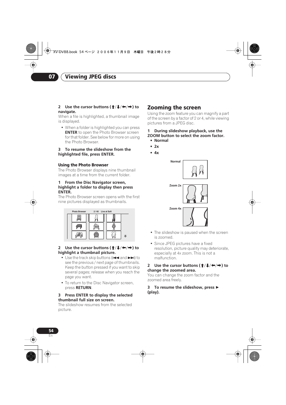 Zooming the screen, Viewing jpeg discs 07 | Pioneer HTD8DVD User Manual | Page 54 / 84