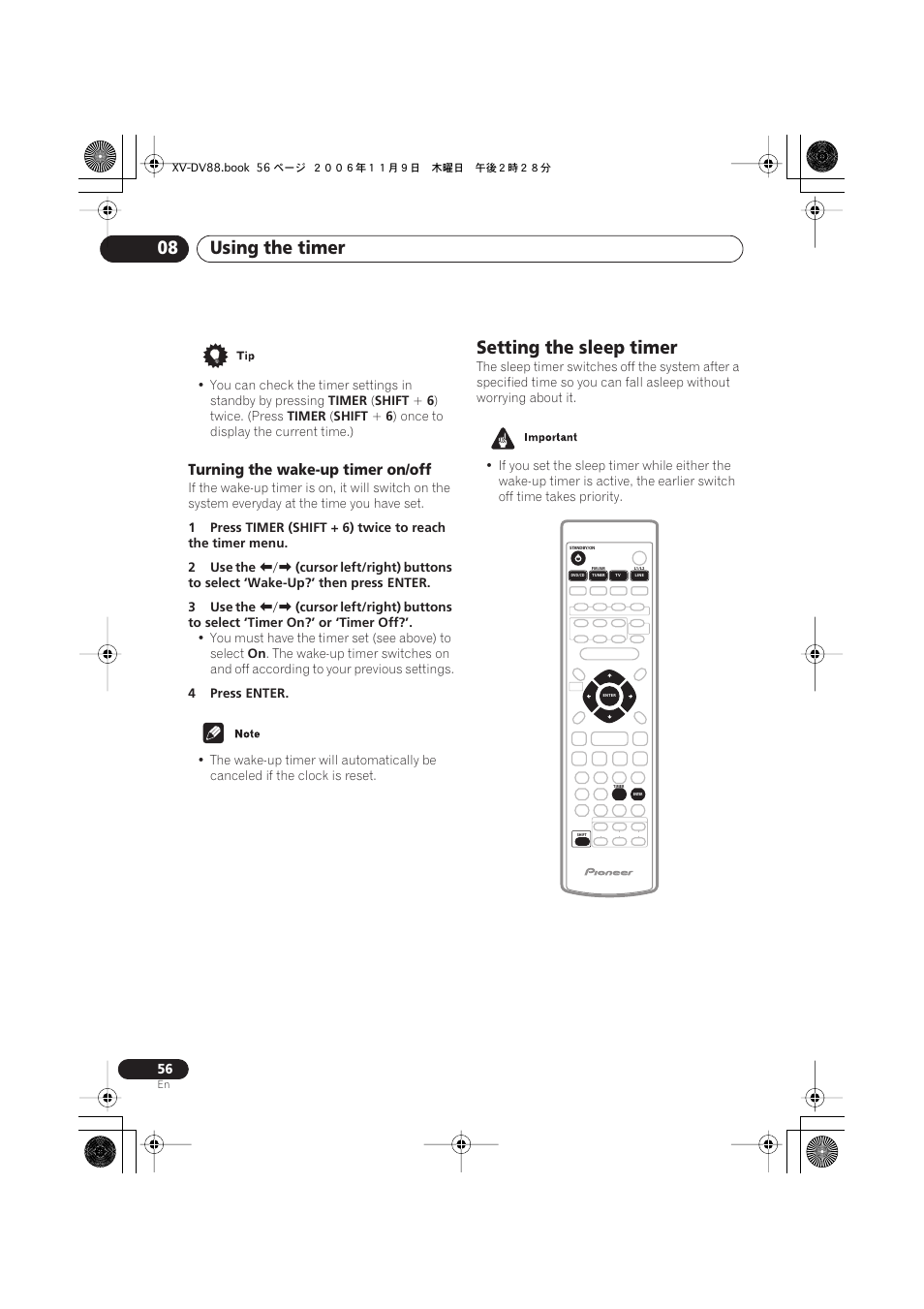 Turning the wake-up timer on/off, Setting the sleep timer, Using the timer 08 | Pioneer HTD8DVD User Manual | Page 56 / 84