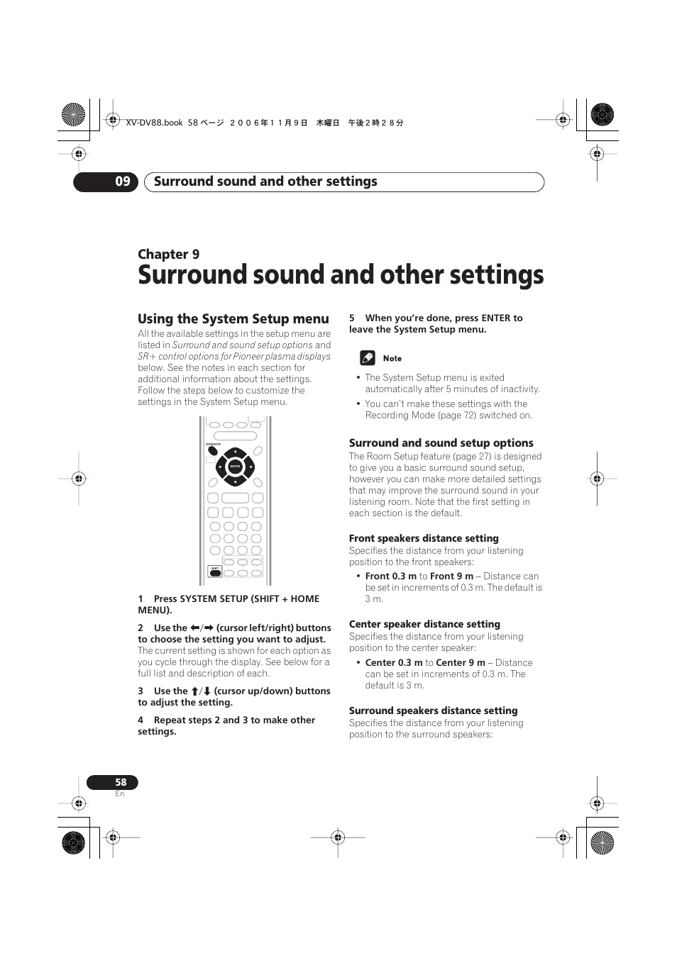 09 surround sound and other settings, Using the system setup menu, Surround and sound setup options | Surround sound and other settings, Surround sound and other settings 09, Chapter 9 | Pioneer HTD8DVD User Manual | Page 58 / 84