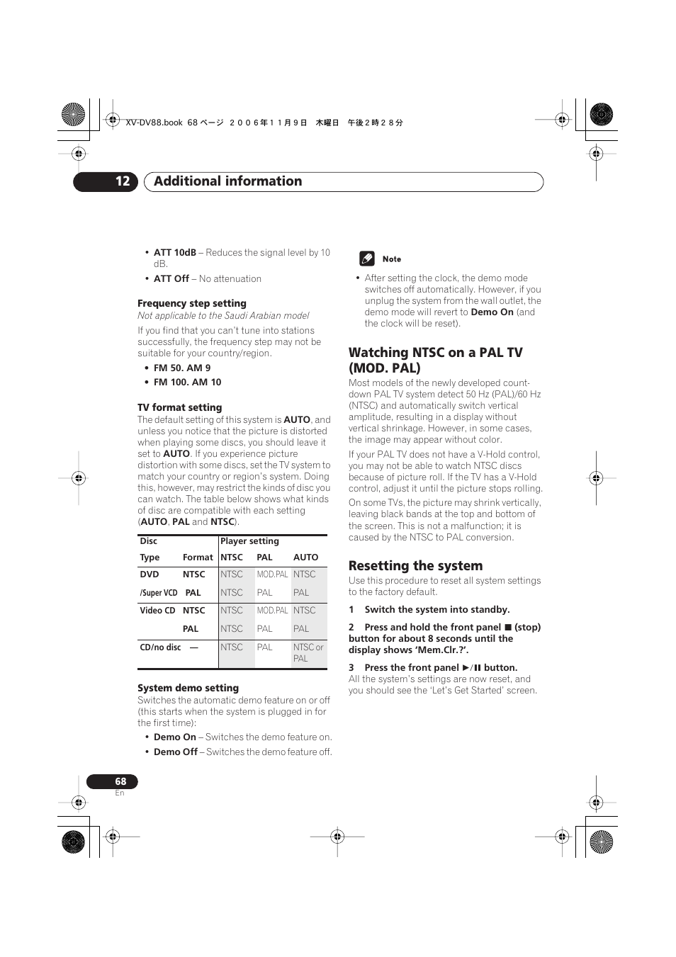 Watching ntsc on a pal tv (mod. pal), Resetting the system, Additional information 12 | Pioneer HTD8DVD User Manual | Page 68 / 84