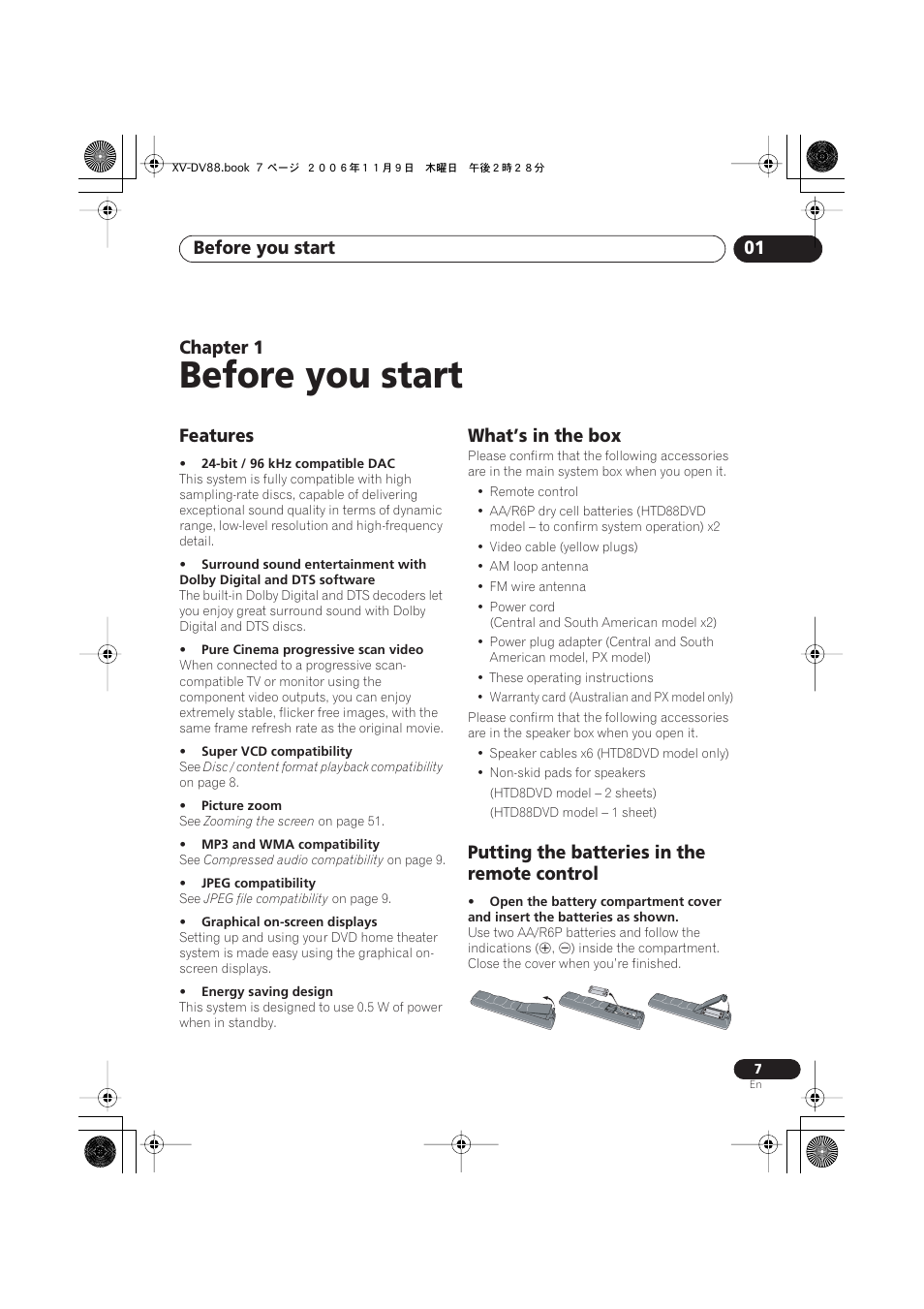 01 before you start, Features, What’s in the box | Putting the batteries in the remote control, Before you start, Before you start 01, Chapter 1 | Pioneer HTD8DVD User Manual | Page 7 / 84