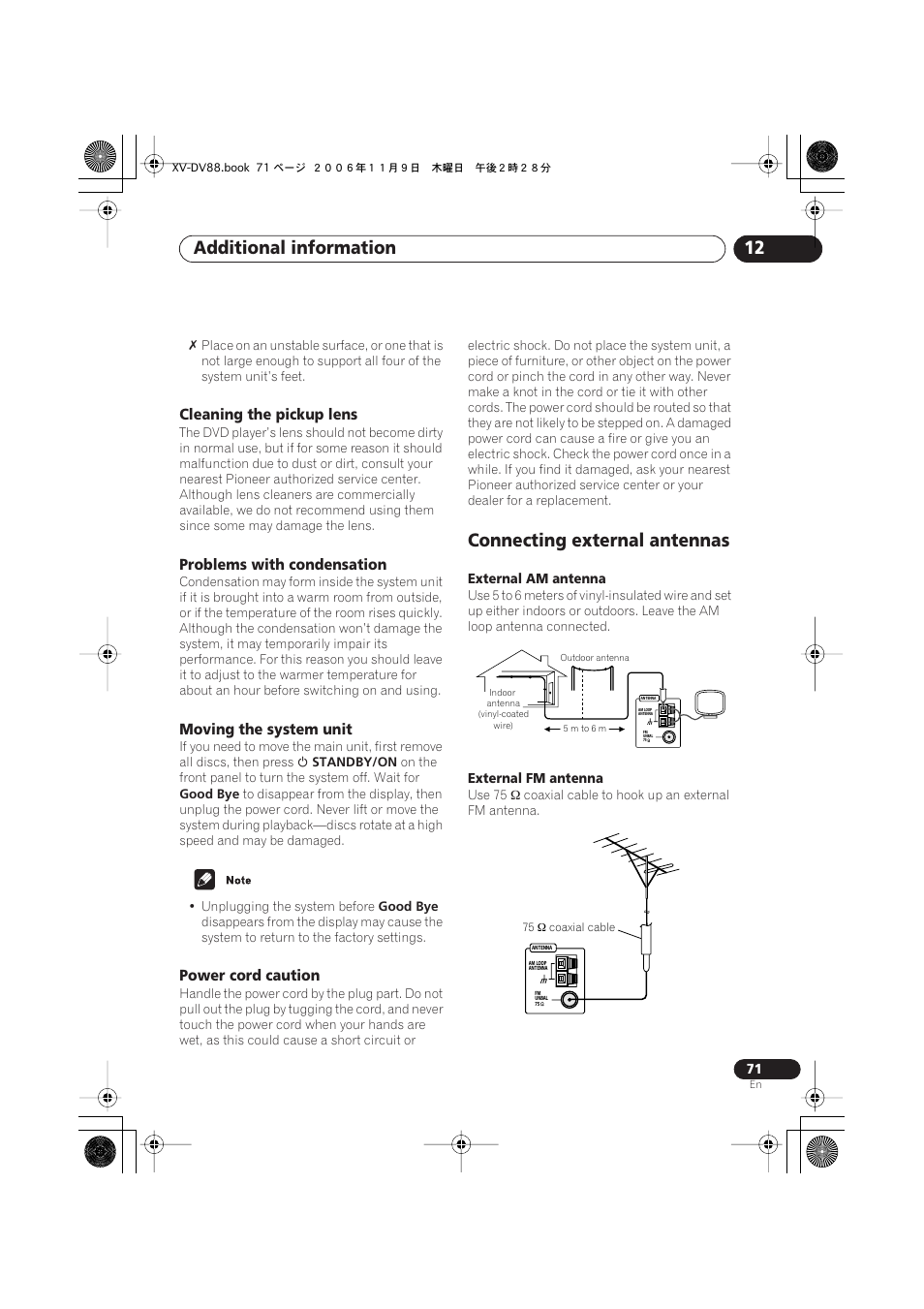 Cleaning the pickup lens, Problems with condensation, Moving the system unit | Power cord caution, Connecting external antennas, Additional information 12 | Pioneer HTD8DVD User Manual | Page 71 / 84