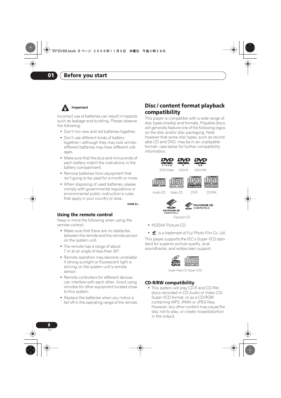 Using the remote control, Disc / content format playback compatibility, Cd-r/rw compatibility | Before you start 01 | Pioneer HTD8DVD User Manual | Page 8 / 84