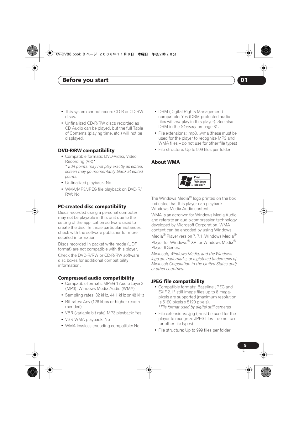 Dvd-r/rw compatibility, Pc-created disc compatibility, Compressed audio compatibility | About wma, Jpeg file compatibility, Before you start 01 | Pioneer HTD8DVD User Manual | Page 9 / 84