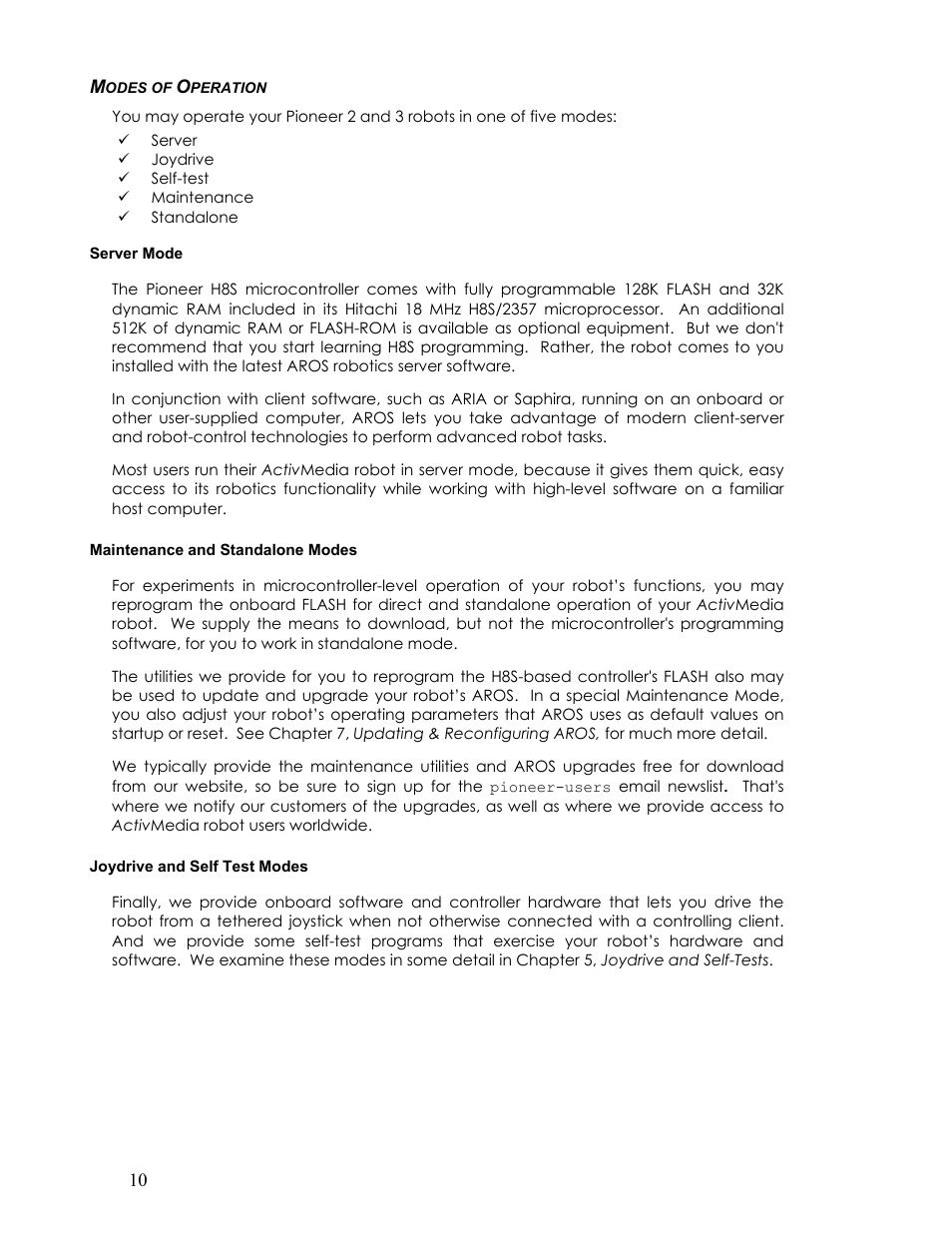 Modes of operation, Server mode, Maintenance and standalone modes | Joydrive and self test modes, Odes of, Peration | Pioneer 2TM User Manual | Page 16 / 85