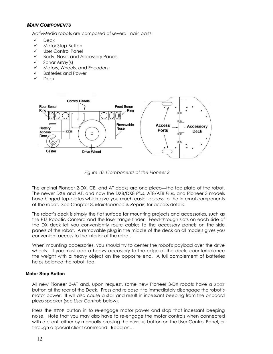 Main components, Motor stop button, Omponents | Pioneer 2TM User Manual | Page 18 / 85