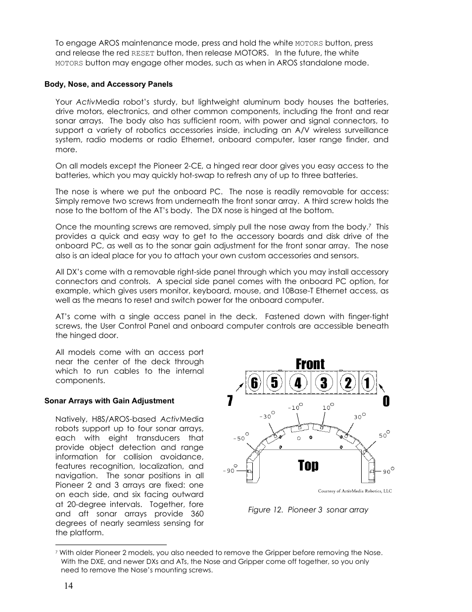 Body, nose, and accessory panels, Sonar arrays with gain adjustment | Pioneer 2TM User Manual | Page 20 / 85