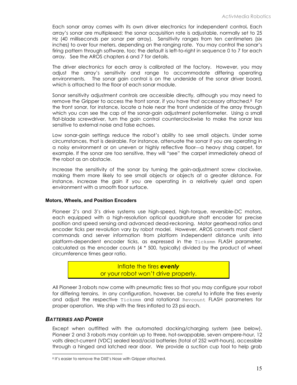 Motors, wheels, and position encoders, Batteries and power, Atteries and | Ower | Pioneer 2TM User Manual | Page 21 / 85