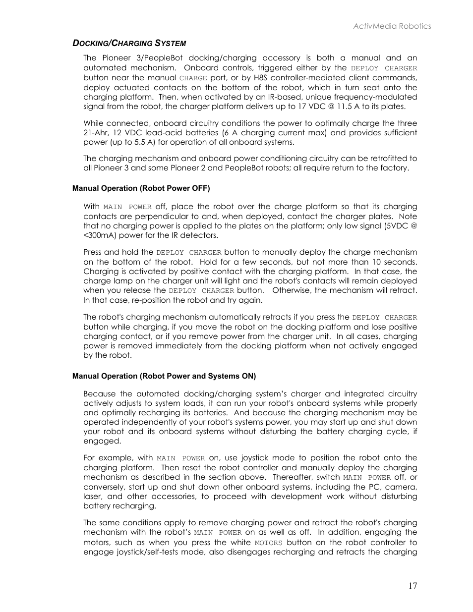 Docking/charging system, Manual operation (robot power off), Manual operation (robot power and systems on) | Ocking, Harging, Ystem | Pioneer 2TM User Manual | Page 23 / 85