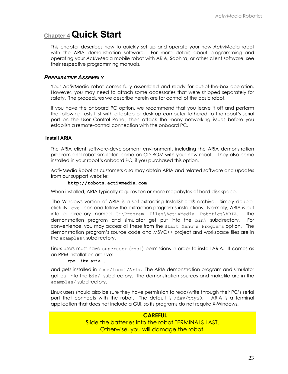 Quick start, Preparative assembly, Install aria | Chapter 4 quick start, Reparative, Ssembly | Pioneer 2TM User Manual | Page 29 / 85