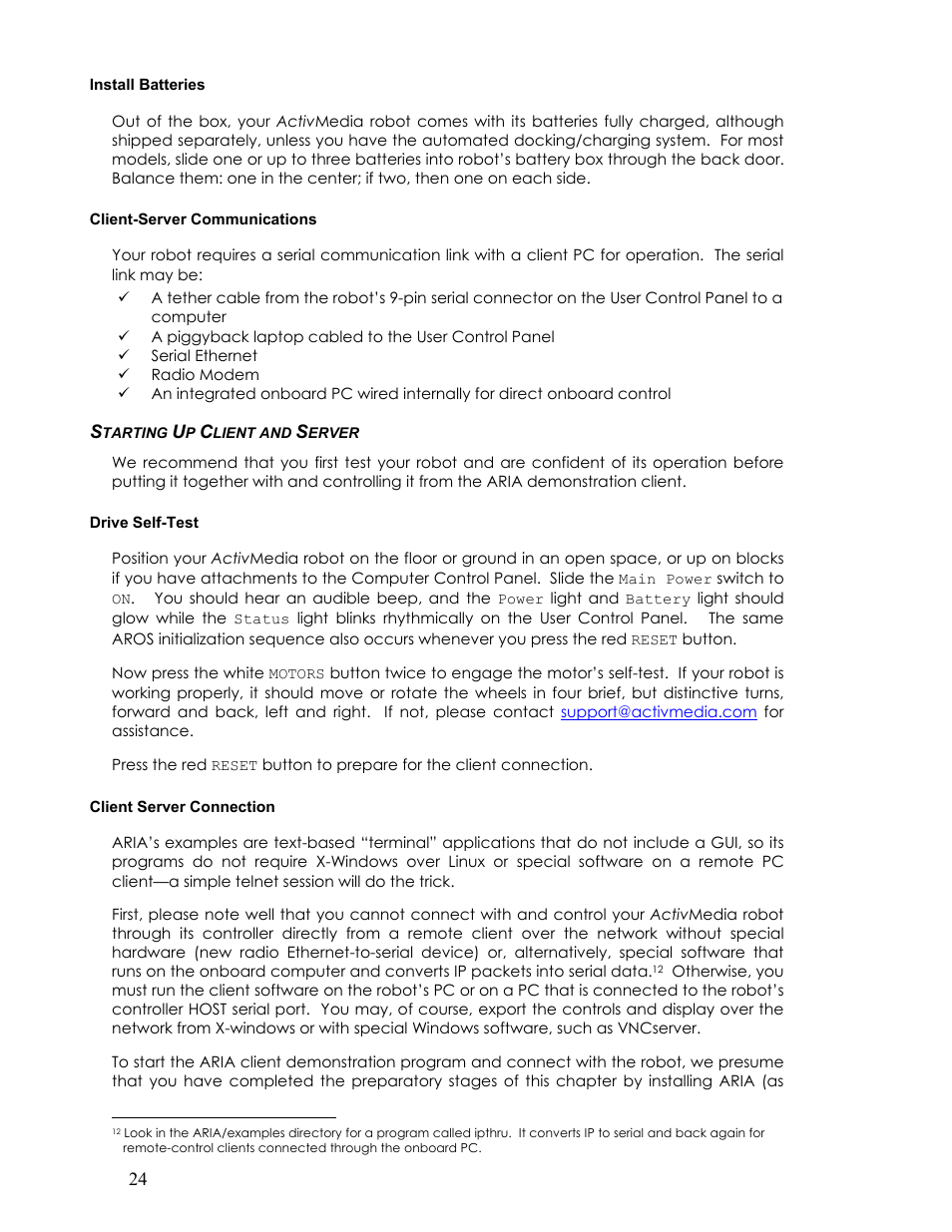 Install batteries, Client-server communications, Starting up client and server | Drive self-test, Client server connection, Tarting, Lient and, Erver | Pioneer 2TM User Manual | Page 30 / 85