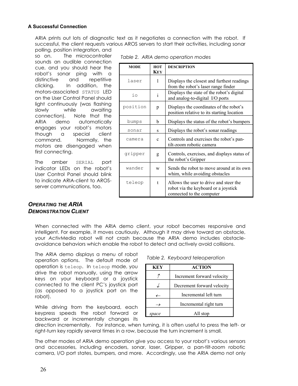 A successful connection, Operating the aria demonstration client, Perating the | Aria d, Emonstration, Lient | Pioneer 2TM User Manual | Page 32 / 85