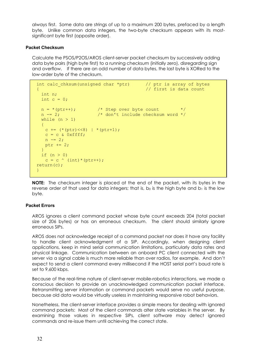 Packet checksum, Packet errors | Pioneer 2TM User Manual | Page 38 / 85