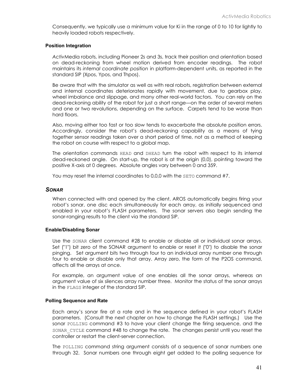 Position integration, Sonar, Enable/disabling sonar | Polling sequence and rate, Onar | Pioneer 2TM User Manual | Page 47 / 85