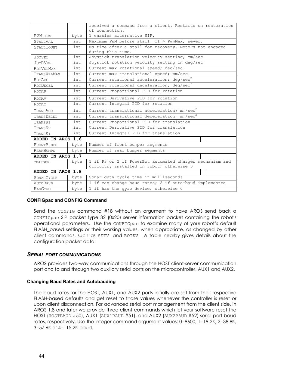 Configpac and config command, Serial port communications, Changing baud rates and autobauding | Erial port communications | Pioneer 2TM User Manual | Page 50 / 85