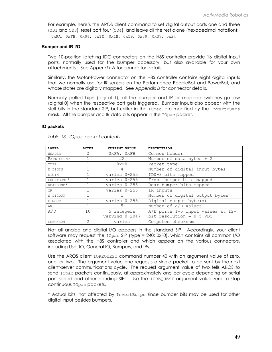 Bumper and ir i/o, Io packets | Pioneer 2TM User Manual | Page 55 / 85