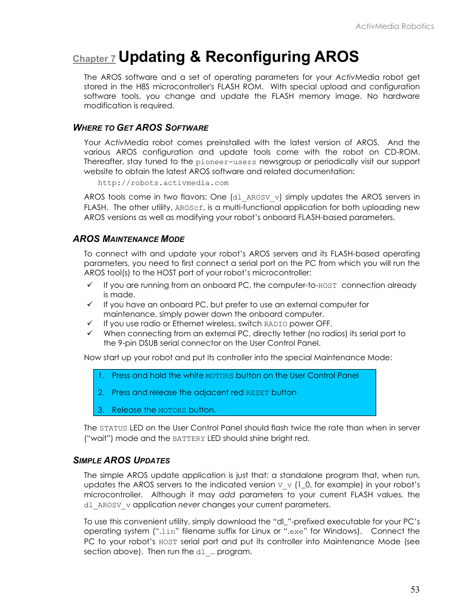 Updating & reconfiguring aros, Where to get aros software, Aros maintenance mode | Simple aros updates, Chapter 7 updating & reconfiguring aros, Here to, Aros s, Oftware, Aros m, Aintenance | Pioneer 2TM User Manual | Page 59 / 85