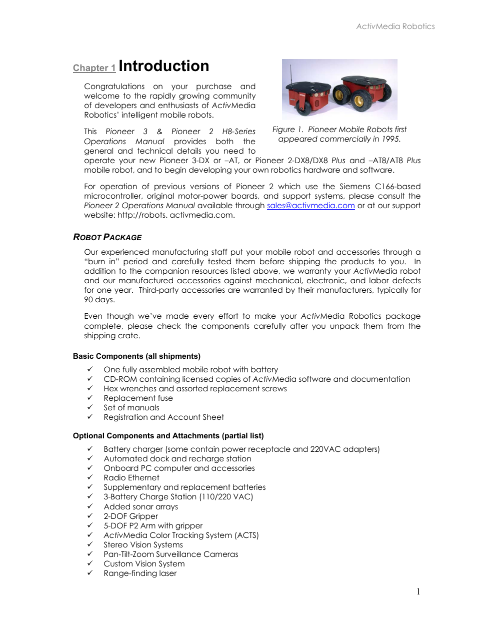 Introduction, Robot package, Basic components (all shipments) | Optional components and attachments (partial list), Chapter 1 introduction, Obot, Ackage | Pioneer 2TM User Manual | Page 7 / 85