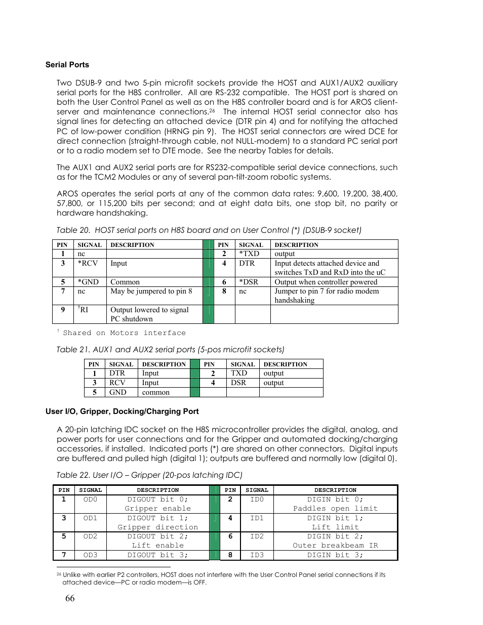 Serial ports, User i/o, gripper, docking/charging port | Pioneer 2TM User Manual | Page 72 / 85