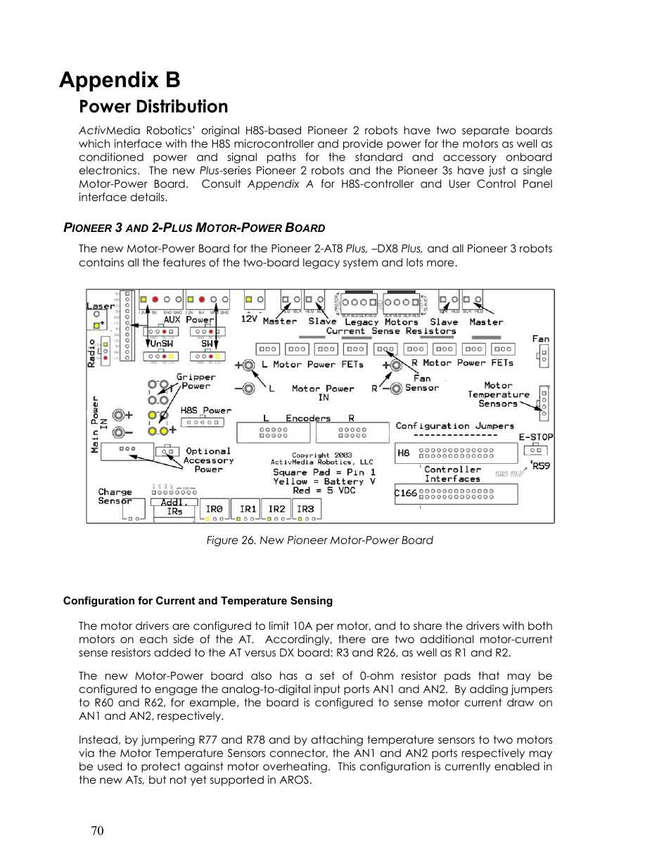 Appendix b, Pioneer 3 and 2-plus motor-power board, Configuration for current and temperature sensing | Ioneer, Otor, Ower, Oard, Power distribution | Pioneer 2TM User Manual | Page 76 / 85