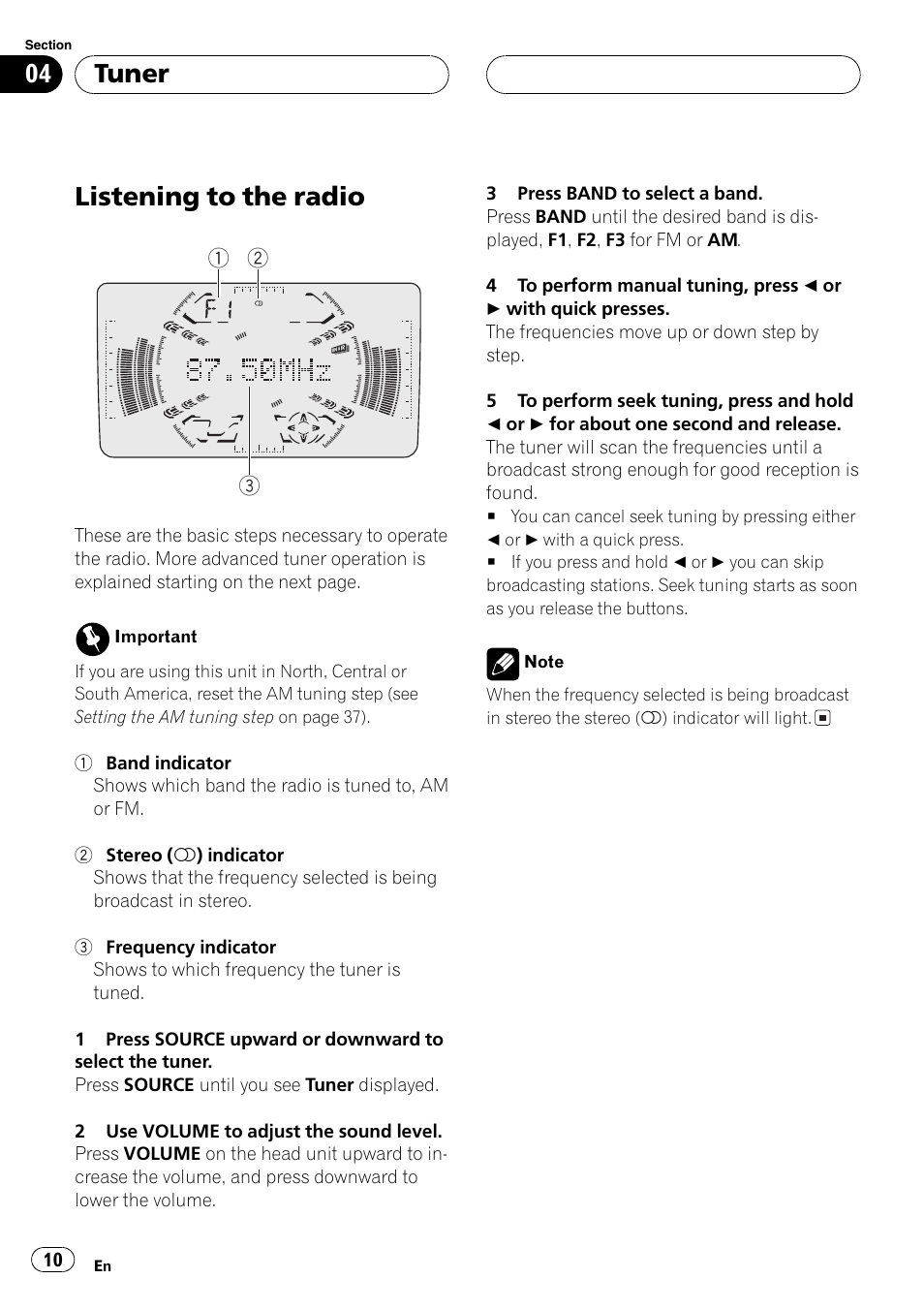 Tuner listening to the radio 10, Listening to the radio, Tuner | Pioneer FH-P6200 User Manual | Page 10 / 44