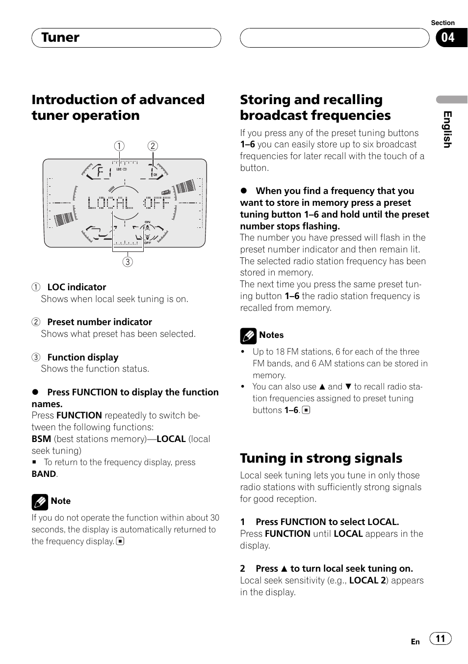 Introduction of advanced tuner, Operation 11, Storing and recalling broadcast | Frequencies 11, Tuning in strong signals 11, Introduction of advanced tuner operation, Storing and recalling broadcast frequencies, Tuning in strong signals, Tuner | Pioneer FH-P6200 User Manual | Page 11 / 44