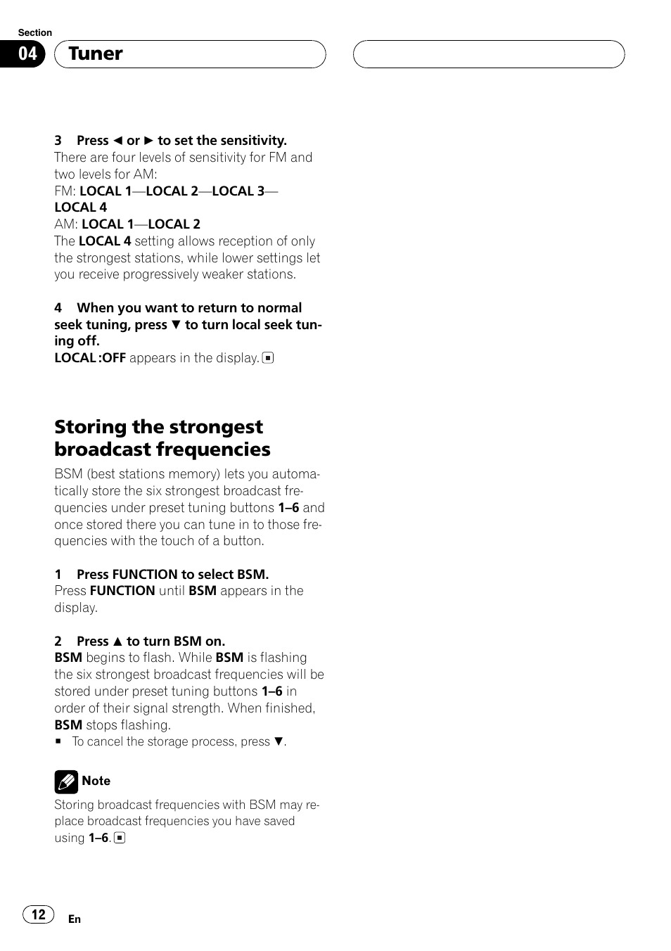 Storing the strongest broadcast, Frequencies 12, Storing the strongest broadcast frequencies | Tuner | Pioneer FH-P6200 User Manual | Page 12 / 44