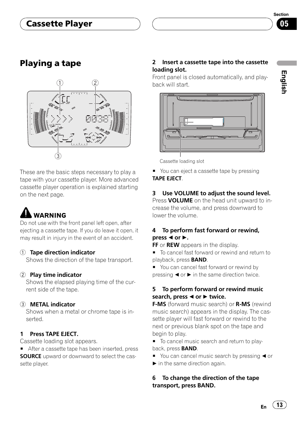 Cassette player playing a tape 13, Playing a tape, Cassette player | Pioneer FH-P6200 User Manual | Page 13 / 44