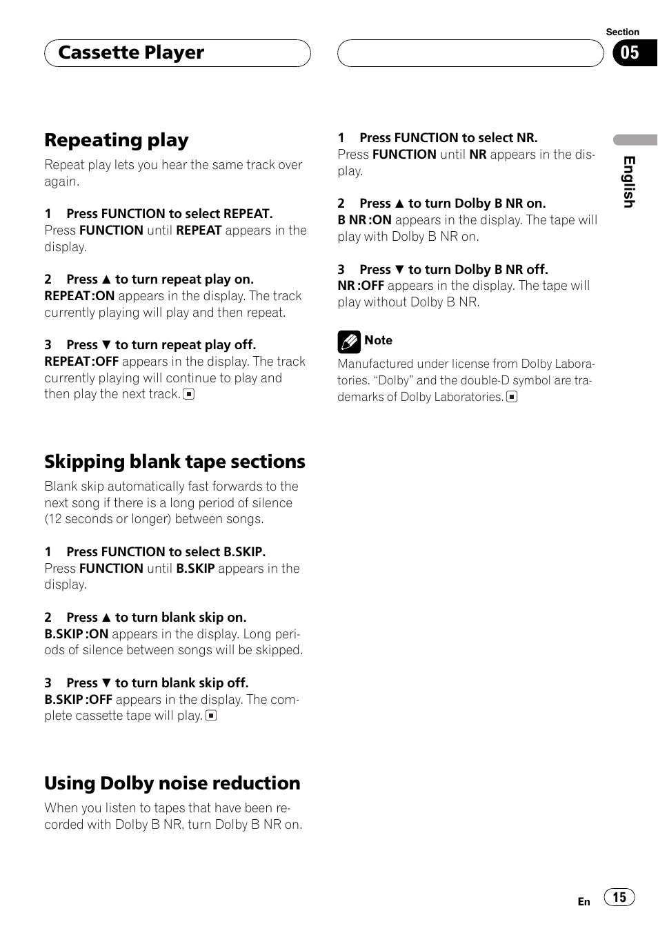 Repeating play, Using dolby noise reduction, Cassette player | Pioneer FH-P6200 User Manual | Page 15 / 44