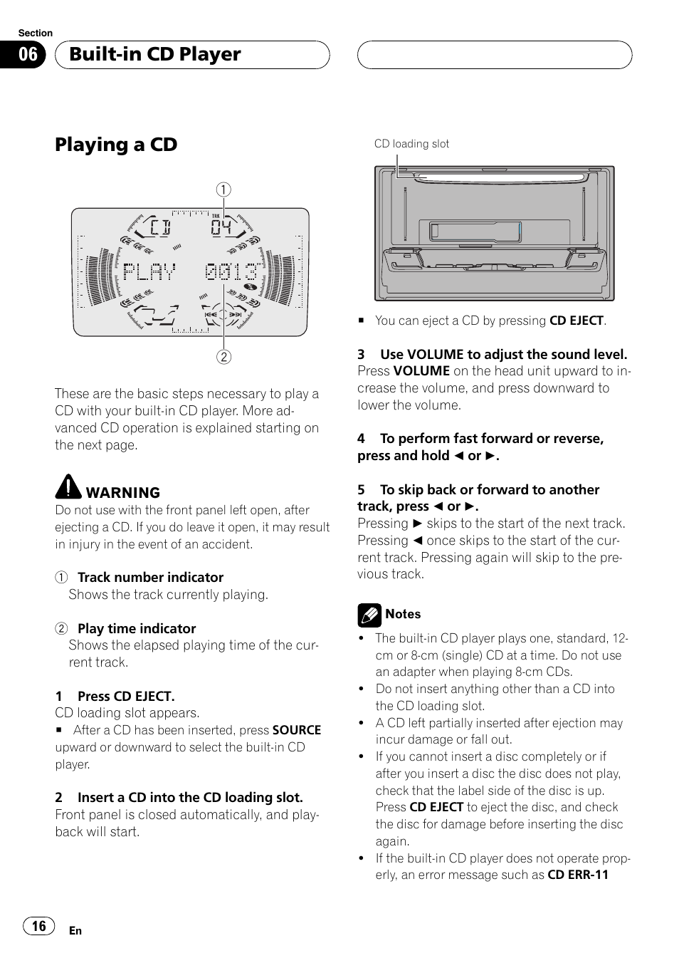 Built-in cd player playing a cd 16, Playing a cd, Built-in cd player | Pioneer FH-P6200 User Manual | Page 16 / 44